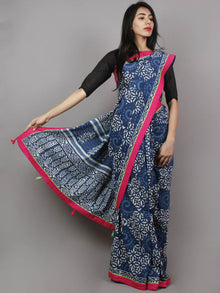 Indigo White Pink Hand Block Printed & Thread Embroidered Cotton Saree With Tassels - S031701361