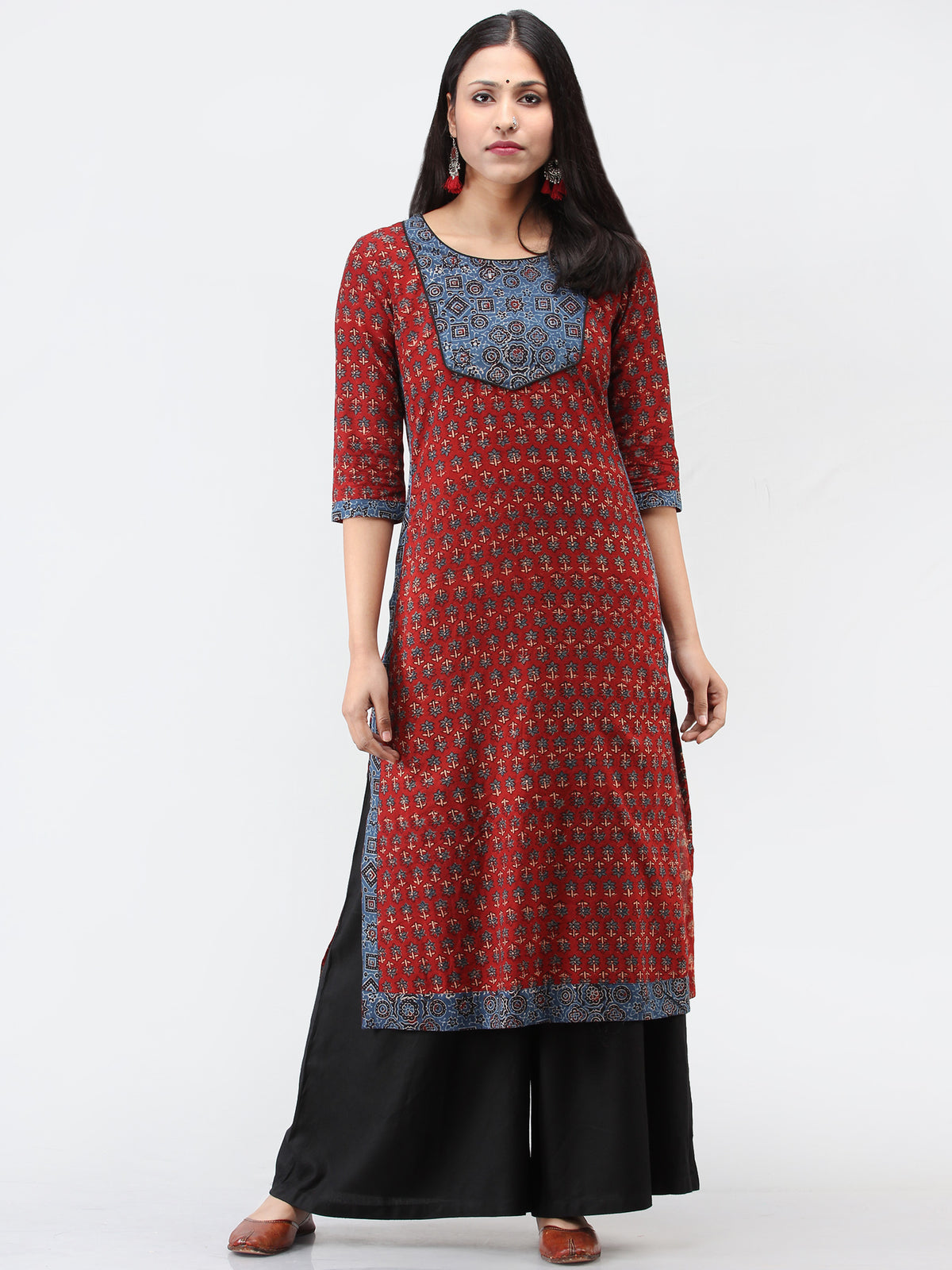 Red Indigo Ajrakh Hand Block Printed Cotton Kurta  - K204F1533