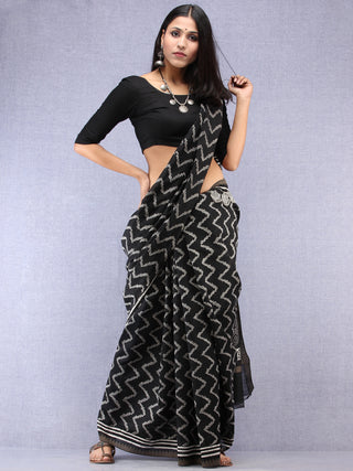 Black Grey Hand Block Printed Chanderi Saree With Geecha Border - S031704503