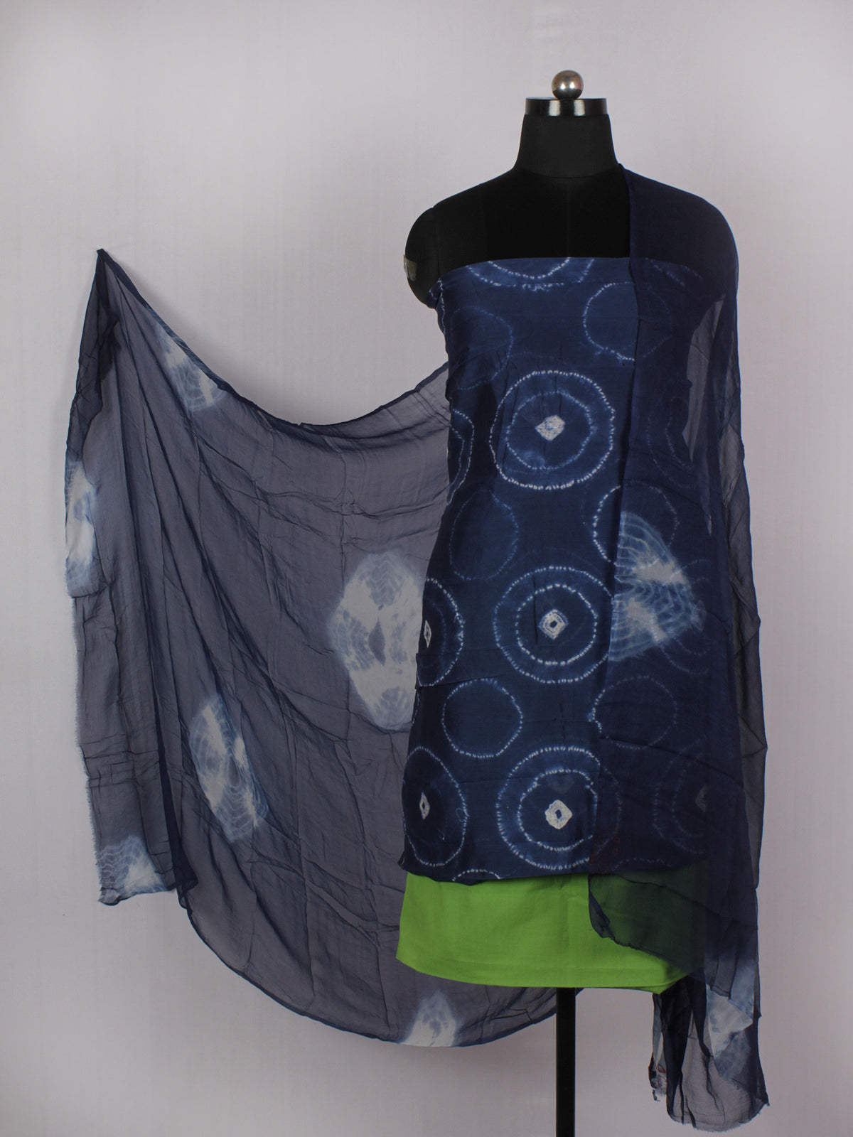 Indigo Ivory Lime Green Hand Shibori Dyed Chanderi Kurta & Chiffon Dupatta With Cotton Salwar Fabric Set of 3- S1628212