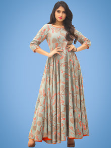 Mahek - Coral Grey Printed Urave Cut Long Dress With Tie Up Deep Back - D395F1992