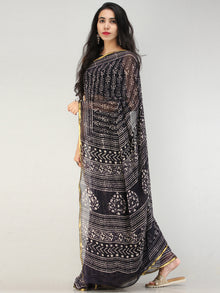 Black White Hand Block Printed Chiffon Saree with Zari Border - S031704552