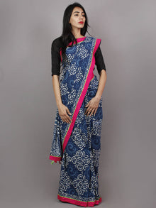 Indigo White Pink Hand Block Printed & Thread Embroidered Cotton Saree With Tassels - S031701361