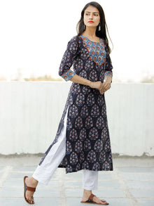 Deep Indigo Rust Ivory Hand Block Printed Cotton Kurta - K186F1837