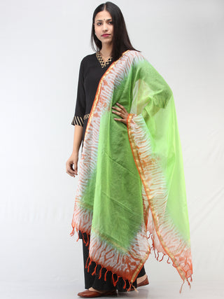 Kota Doria Tie & Die Dupatta  With Zari Border - Parrot Green & Orange - D04170891