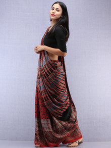 Red Beige Black Indigo Ajrakh Hand Block Printed Modal Silk Saree - S031704443
