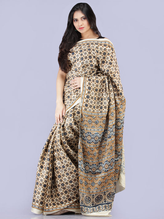 Ivory Indigo Mustard Ajrakh Hand Block Printed Modal Silk Saree - S031704230