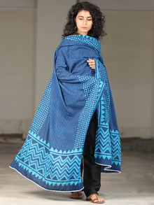 Indigo Sky Blue Handloom Cotton Hand Block Printed Dupatta With Lace - D04170395