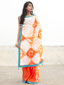 Orange Ivory Hand Shibori Dyed Saree With Teal Blue Border & Tassels - S031702555