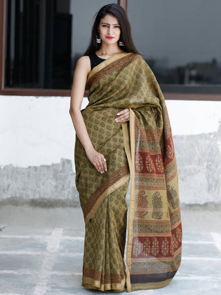 Olive Green Maroon Black Bagh Hand Block Printed Maheswari Silk Saree - S031703825