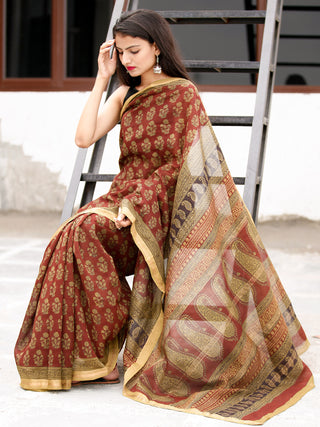 Rust Olive Green Black Bagh Hand Block Printed Maheswari Silk Saree - S031703816