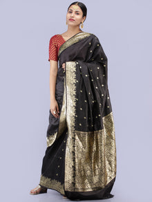 Banarasee Pure Katan Silk Handloom Saree With Zari Work - Black & Gold - S031704287