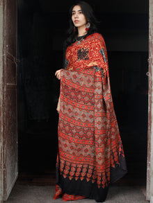 Red Beige Black Ajrakh Hand Block Printed Modal Silk Saree in Natural Colors - S031703356