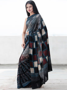 Indigo Black Maroon Ivory Ajrakh Hand Block Printed Cotton Saree in Natural Colors - S031703712