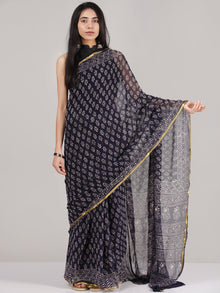 Navy Blue Offwhite Hand Block Printed Chiffon Saree With Zari Border - S031704681