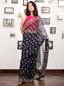 Deep Indigo White Hand Block Printed Chiffon Saree with Zari Border - S031703152
