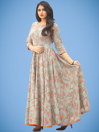 Mahek - Coral Grey Printed Urave Cut Long Dress With Tie Up Deep Back - D395F1992