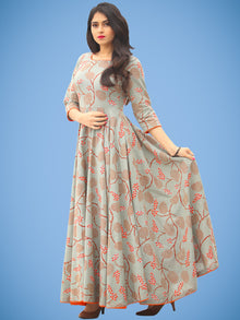 Mahek - Coral Grey Printed Urave Cut Long Dress With Tie Up Deep Back - D395F1992