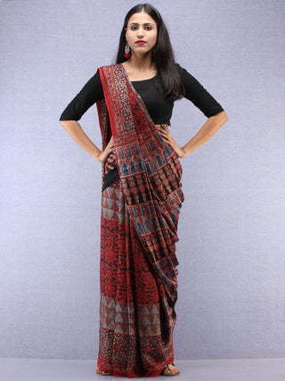 Red Beige Black Indigo Ajrakh Hand Block Printed Modal Silk Saree - S031704443
