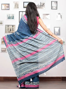 Indigo Pink White Hand Block Printed Cotton Mul Saree With Tassels  - S031703014