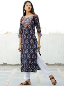 Deep Indigo Rust Ivory Hand Block Printed Cotton Kurta - K186F1837
