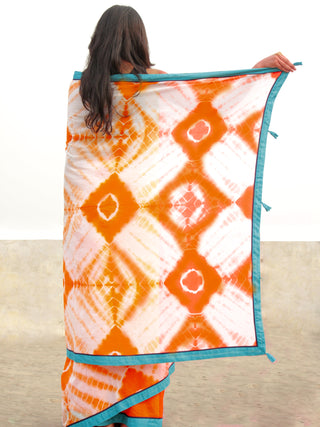 Orange Ivory Hand Shibori Dyed Saree With Teal Blue Border & Tassels - S031702555