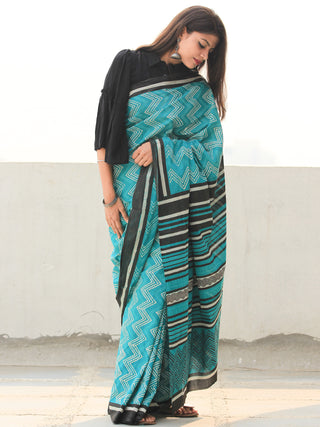 Sea Green Ivory Hand Block Printed  Cotton Mul Saree - S031704097