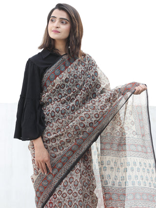Beige Red Black Hand Block Printed Kota Doria Saree In Natural Colors - S031704069