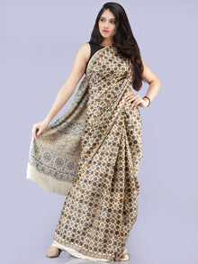 Ivory Indigo Mustard Ajrakh Hand Block Printed Modal Silk Saree - S031704230