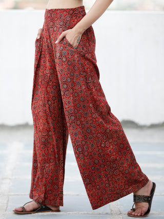 Crimson Red Indigo Black Ajrakh Hand Block Printed Semi Elasticated Waist Pleated Cotton Palazzo - P11F1757