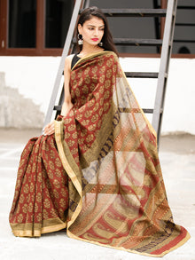 Rust Olive Green Black Bagh Hand Block Printed Maheswari Silk Saree - S031703816