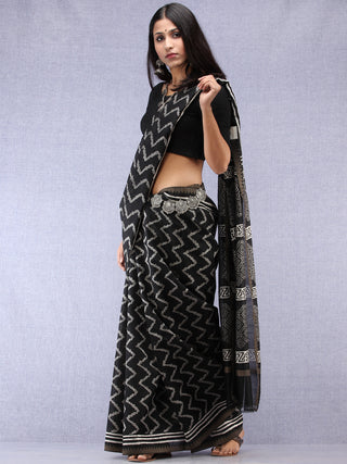 Black Grey Hand Block Printed Chanderi Saree With Geecha Border - S031704503