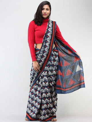 Indigo Ivory Red Hand Block Printed Cotton Mul Saree - S031704455