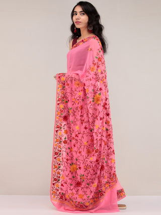 Pink Aari Embroidered Georgette Saree From Kashmir  - S031704622