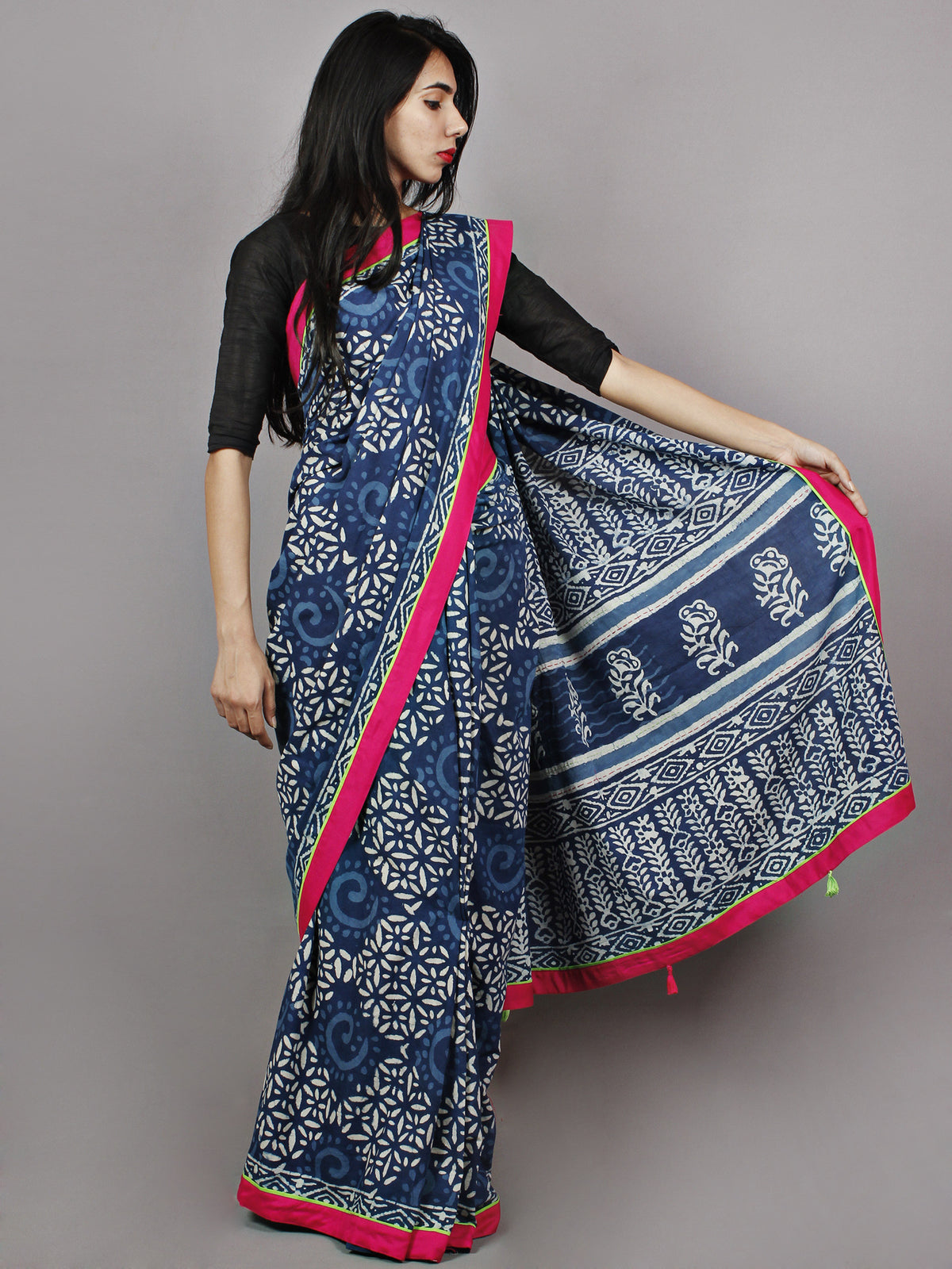 Indigo White Pink Hand Block Printed & Thread Embroidered Cotton Saree With Tassels - S031701361