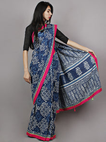 Indigo White Pink Hand Block Printed & Thread Embroidered Cotton Saree With Tassels - S031701361