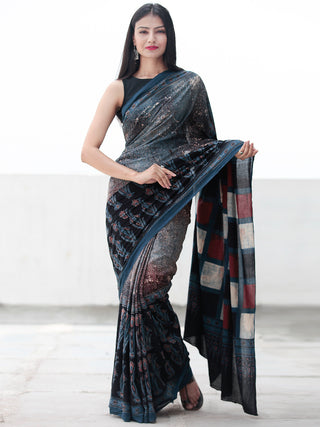 Indigo Black Maroon Ivory Ajrakh Hand Block Printed Cotton Saree in Natural Colors - S031703712