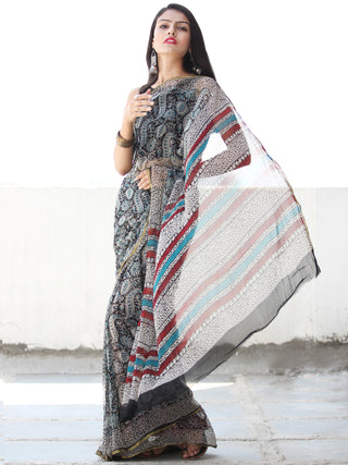 Beige Black Blue Hand Block Printed Chiffon Saree with Zari Border - S031703910