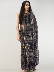 Black White Hand Block Printed Chiffon Saree with Zari Border - S031704552