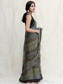 Black Green Indigo Ajrakh Hand Block Printed Modal Silk Saree in Natural Colors - s031704243