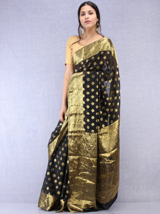 Banarasee Chiffon Saree With Golden Zari Weave - Black & Gold - S031704354