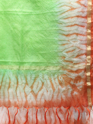 Kota Doria Tie & Die Dupatta  With Zari Border - Parrot Green & Orange - D04170891