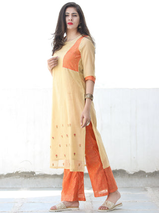 Sequence Embroidery - Beige Orange Golden Chanderi  Kurta & Pants Sets  - Set of 2  - SS01F060