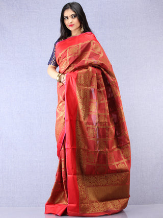 Banarasee Chanderi Silk Saree With Zari Work - Maroon Red Gold - S031704377