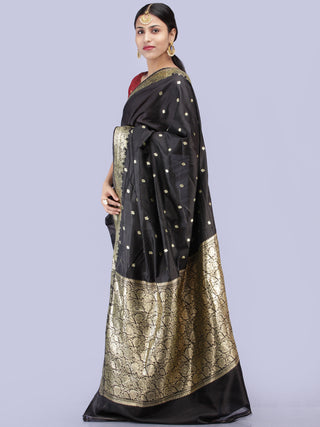 Banarasee Pure Katan Silk Handloom Saree With Zari Work - Black & Gold - S031704287