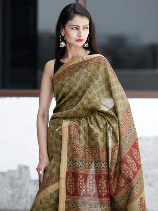 Olive Green Maroon Black Bagh Hand Block Printed Maheswari Silk Saree - S031703825