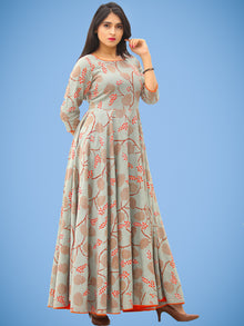 Mahek - Coral Grey Printed Urave Cut Long Dress With Tie Up Deep Back - D395F1992