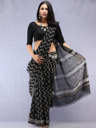 Black Grey Hand Block Printed Chanderi Saree With Geecha Border - S031704503