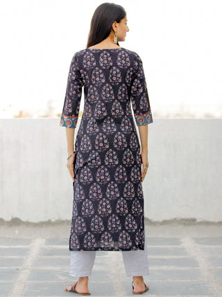 Deep Indigo Rust Ivory Hand Block Printed Cotton Kurta - K186F1837