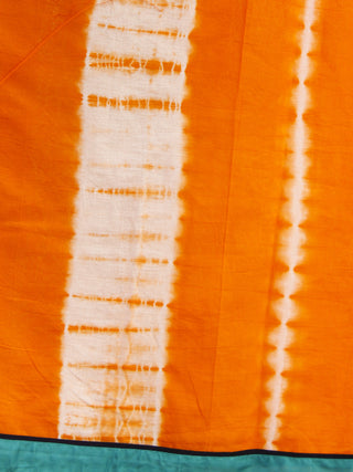 Orange Ivory Hand Shibori Dyed Saree With Teal Blue Border & Tassels - S031702555